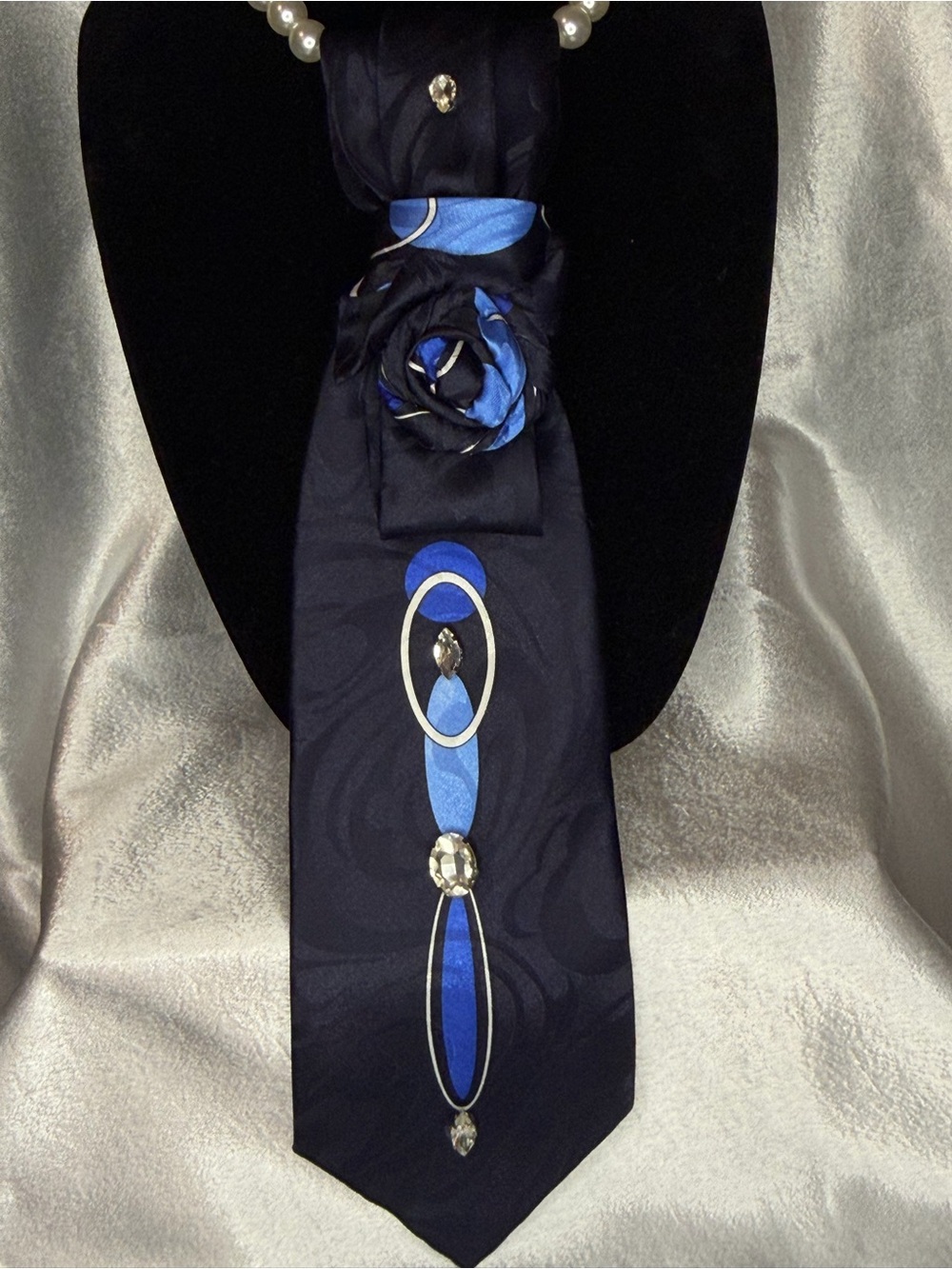 Navy Blue women’s Necklace Tie  with Bright Blue Geometric Design